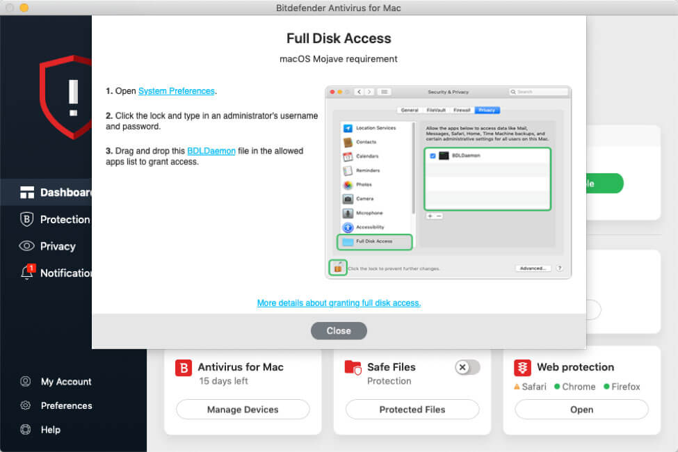 Bitdefender Antivirus the Full Disk Access permissions