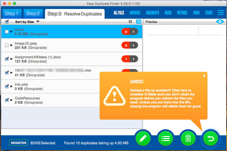 Easy duplicate finder undo - recovery